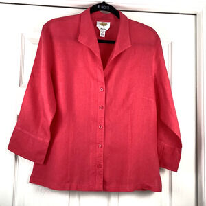 Talbots Irish Linen Coral 3/4 Sleeve Button-Up Shirt Lagenlook Quiet Lux Size 16